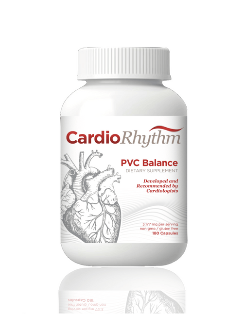 A white plastic bottle of CardioRhythm PVC Balance dietary supplement, featuring a white cap and a label with red and black text and a line drawing of a heart, set against a plain white background with a faint reflection below.